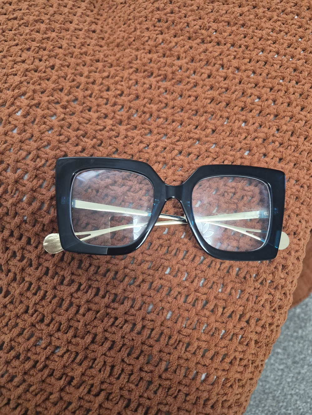 Oversized Black Square Clear Lens Statement Glasses Gold Temples Pearl Tips